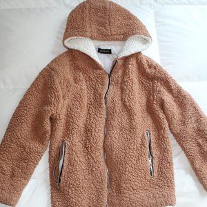 Tan and white fuzzy "teddy" jacket with zipper